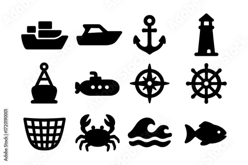 Nautical icon set: silhouette designs of boats, anchor, lighthouse, and marine symbols