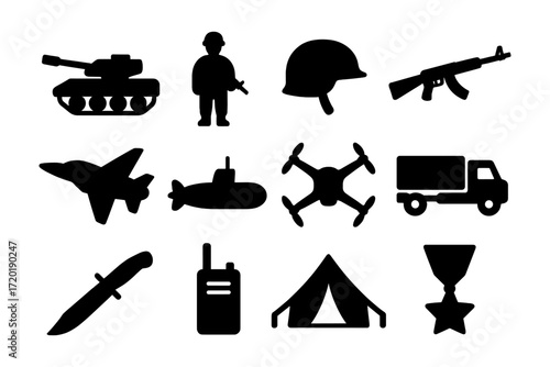 Military silhouette icons: vehicles, weapons, and equipment collection