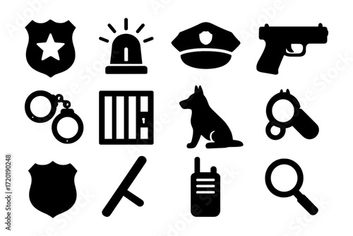 Silhouette police icons set: handcuffs, badge, patrol hat, and more