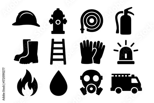 Essential firefighting equipment icons set for safety and emergency services