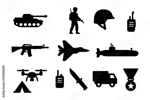 Military silhouettes: armored vehicles, aircraft, and equipment icons