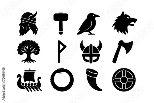 Viking symbols silhouette collection featuring iconic norse mythology elements