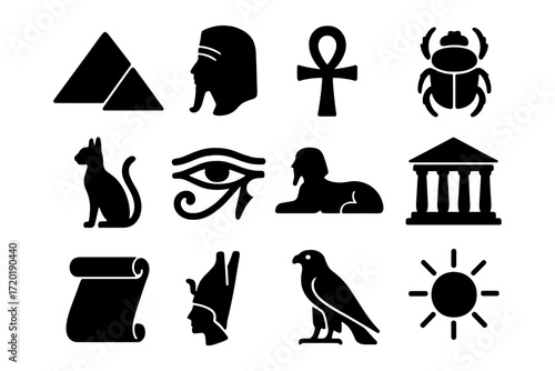 Ancient egyptian icons collection: silhouettes of pharaohs, symbols, and relics