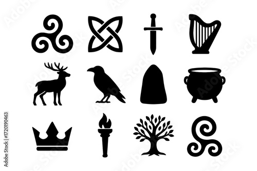 Celtic icons collection featuring symbols, animals, and objects in black silhouette style