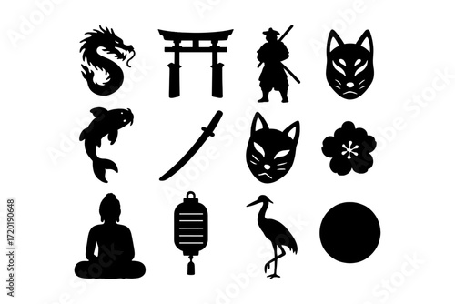 Japanese culture silhouettes collection with dragon, samurai, and sakura elements