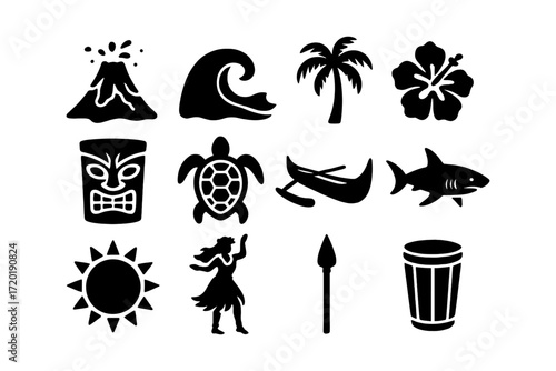 Hawaiian icons: volcano, wave, palm, hibiscus, tiki, turtle, canoe, shark, sun, dancer, spear, drum silhouettes