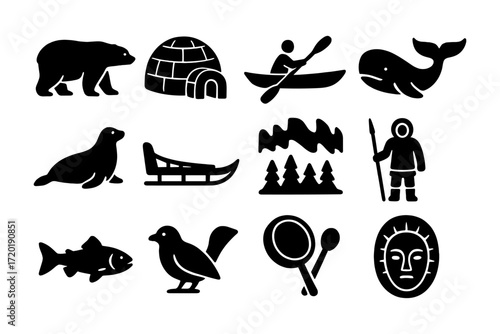 Silhouette icons of arctic life and activities featuring wildlife and indigenous culture