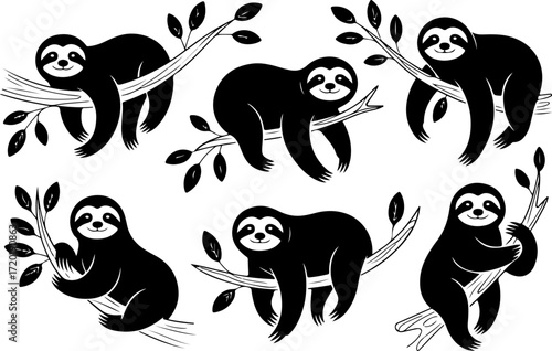 Cute Sloth Hanging on Tree Silhouette Collection