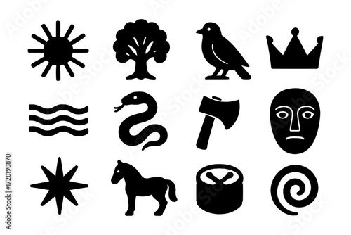 Bold silhouette icons featuring nature, animals, and tools