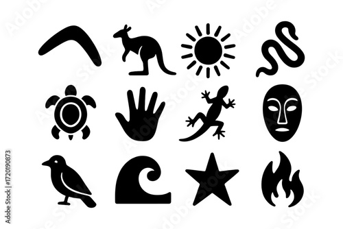 Australian aboriginal symbol set: animals, nature, and art in black silhouette