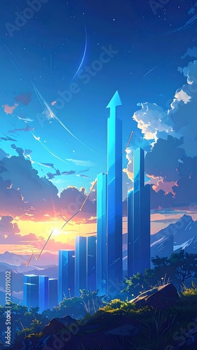 A vibrant landscape with a rising graph