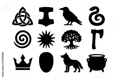 Celtic symbols and norse mythology silhouettes collection