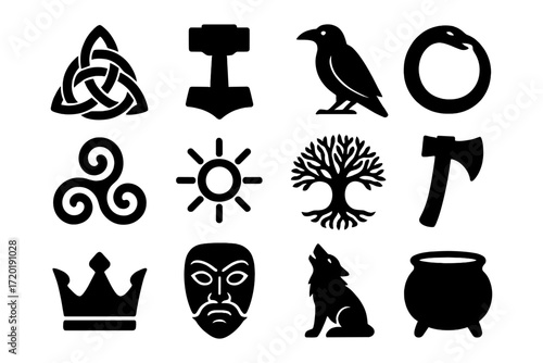 Nordic symbols: black silhouettes of mythical icons and ancient viking motifs