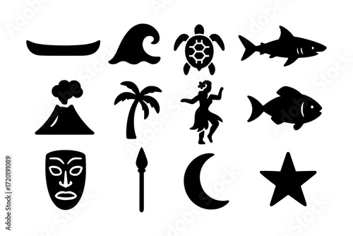 Tropical icon set: silhouettes of ocean, dance, and nature elements