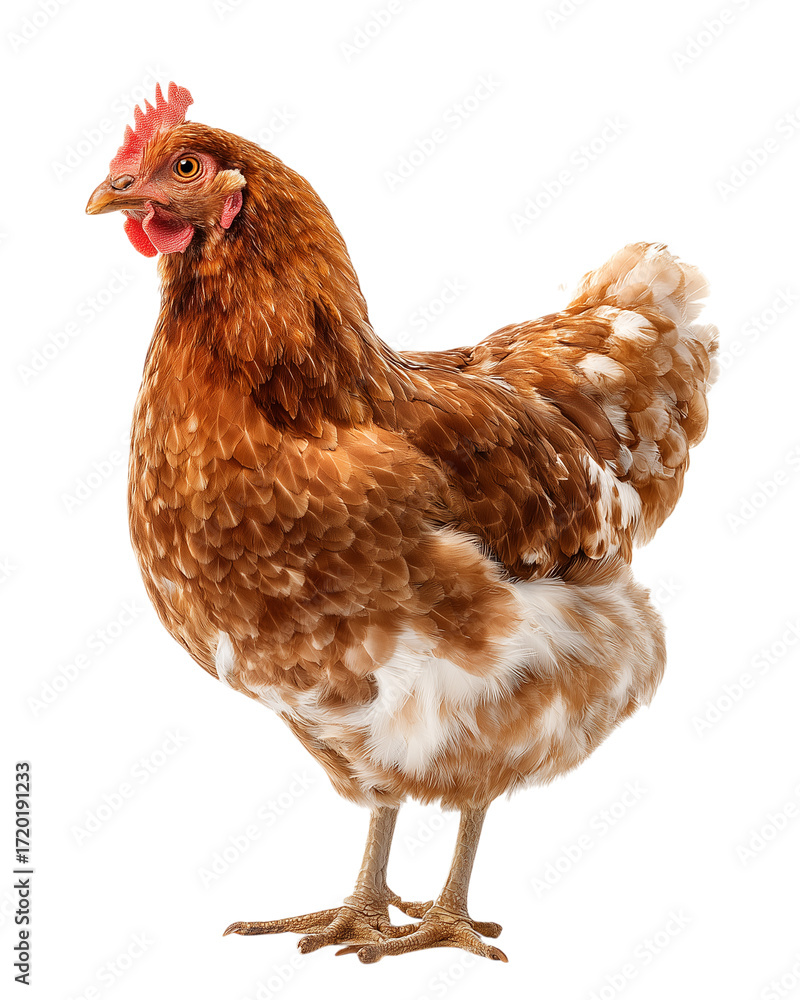 Fototapeta premium A chicken stands on a white background