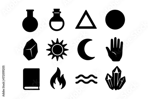 Mystical silhouette icons: alchemy, nature, and geometric shapes collection