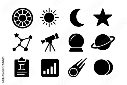 Celestial icons set: astrology and astronomy symbols for digital design