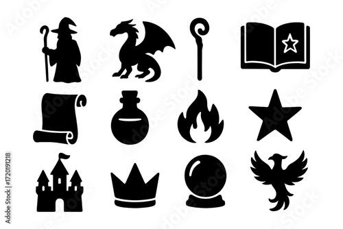 Magic fantasy icons set: wizard, dragon, phoenix, and more