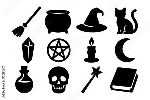 Halloween witchcraft icons: silhouette magic symbols including broom, cauldron, hat, cat, crystal, and more