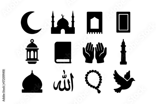 Islamic icon set: religion, culture, prayer, and tradition symbols in a simple silhouette style
