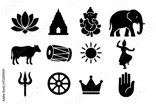 Indian cultural icons: silhouette collection of traditional symbols and elements
