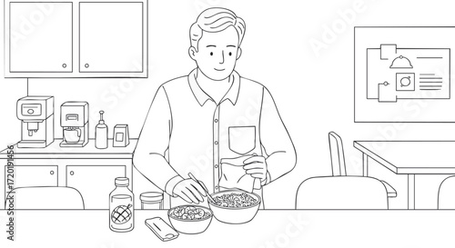 A Person Preparing a Meal in a Kitchen, Outline Illustration