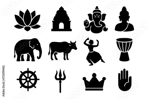 Indian culture silhouettes: ganesha, lotus, temple, and traditional symbols