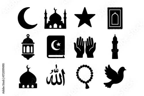 Islamic symbols collection: mosque, crescent, lantern, prayer beads and more in silhouette style