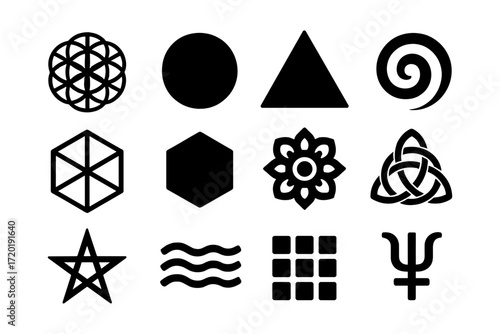 Geometric symbols collection: diverse black icon set including spiritual and nature motifs