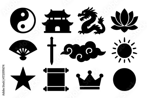 Silhouette collection of asian symbols featuring yin yang and dragon