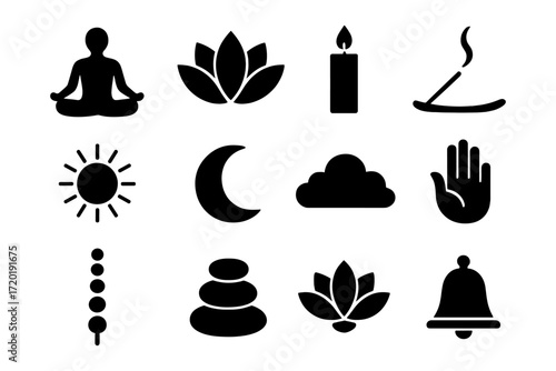 Silhouette meditation and wellness icons featuring yoga, lotus, candle, and zen elements