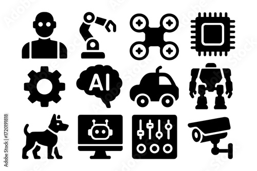 Futuristic technology icons: ai, robotics, and gadgets in bold silhouette style