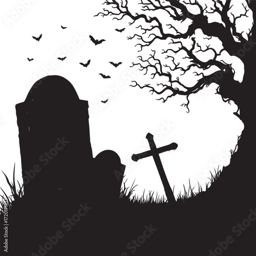 Silhouette of graveyard with tombstones cross bare tree and bats flying on a white background