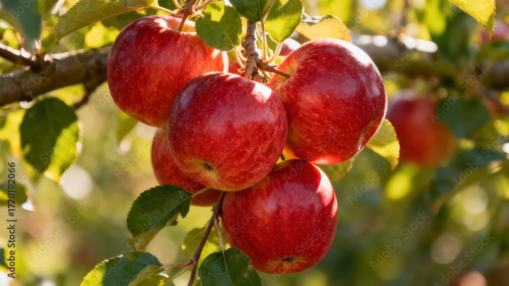 Obraz premium Ripe, red apples hang from a branch, illuminated by sunlight.