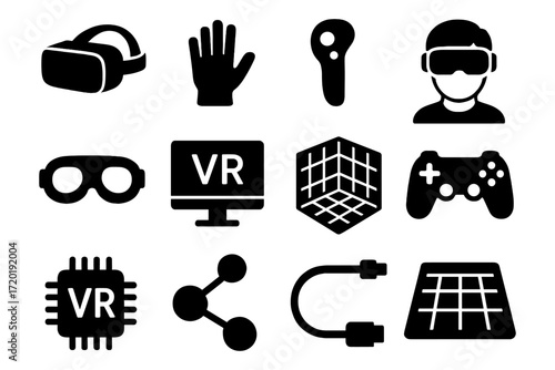 Virtual reality icons set: minimalist silhouette icons for modern technology design