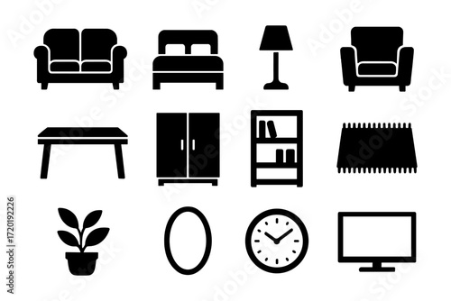 Silhouette home furniture icons: sofa, bed, lamp, and essentials collection