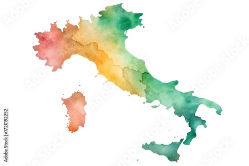 Watercolor map of italy isolated on white background, showcasing the countrys diverse landscapes and cultural heritage
