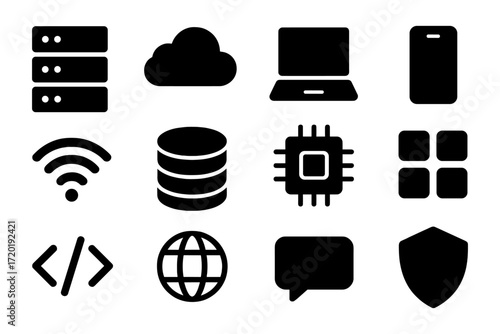 Technology icons set: cloud, security, networking, and data elements in bold silhouette style
