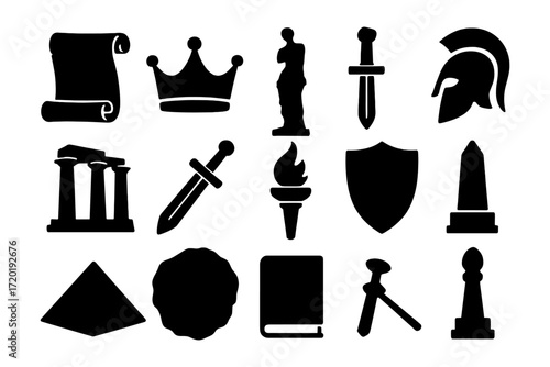 Ancient greek silhouette icons featuring columns, crown, and greek helmet