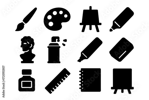 Silhouette collection of art tools: brushes, easels, and palettes for creative projects