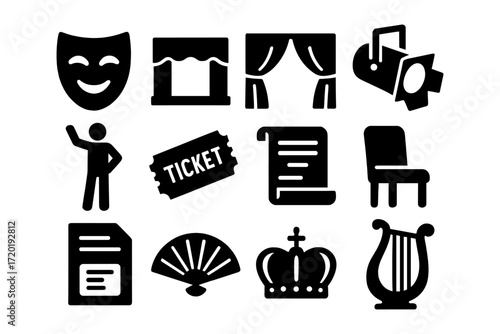 Theater and performance icon set: masks, stages, curtains, and more