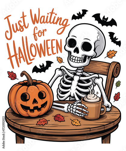 Skeleton sitting at table with pumpkin and drink, waiting for halloween
