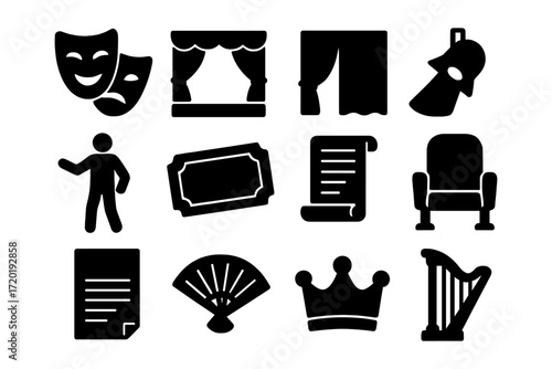Theater icons collection: silhouette symbols of stage, performance, and entertainment