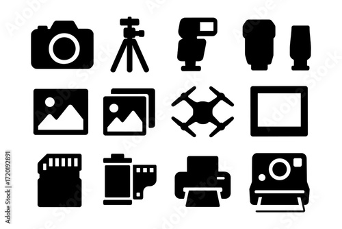 Silhouette icons of photography equipment: camera, tripod, drone, printer, flash, and more