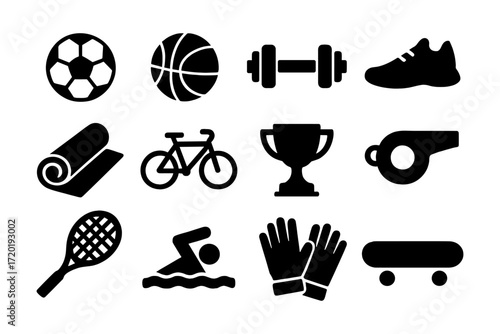Silhouette sports icons: fitness, basketball, soccer, yoga, cycling, and more essentials