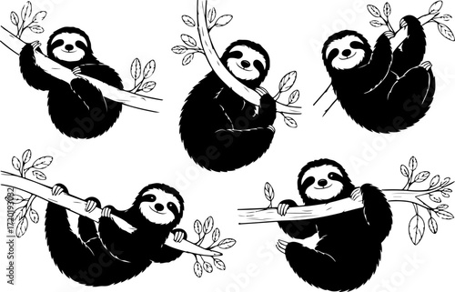 Cute Sloth Hanging on Tree Silhouette Collection
