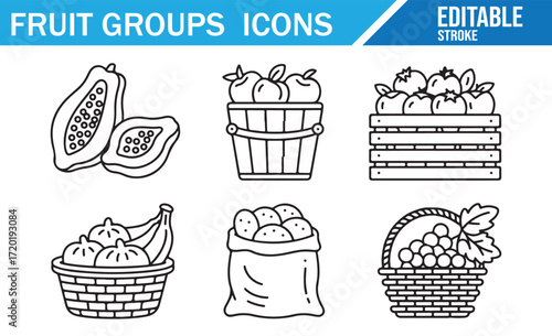 Fruit Basket and Group Icons for Agricultural and Food Industry