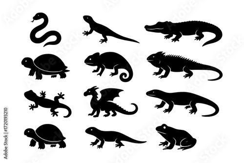 Black silhouette collection of reptiles and amphibians on white background