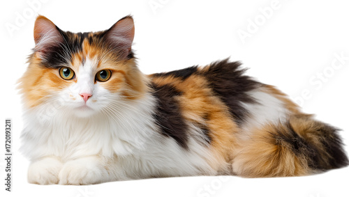 A calico cat is laying on a white background