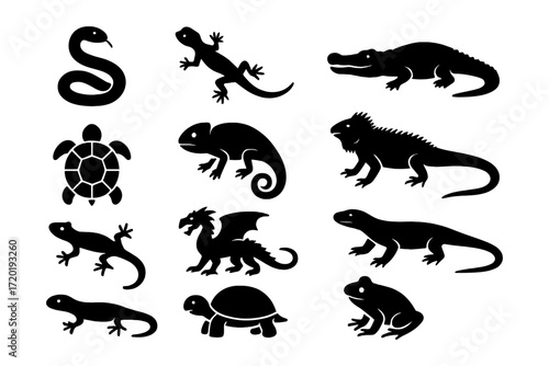 Silhouette reptiles and amphibians set: lizards, turtles, and dragons